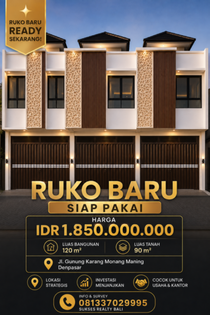Ruko di Jual Di Denpasar Barat Ruko Siap HUNI Gunung Karang Monang Maning Denpasar - foto 1